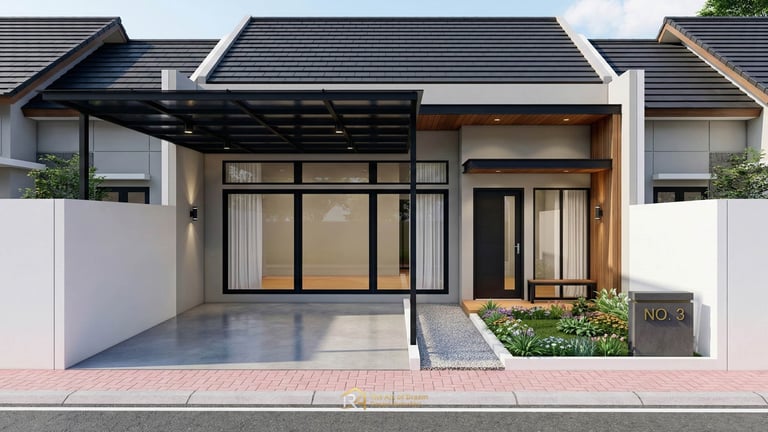 Eksterior desain rumah minimalis modern satu lantai dengan carport kanopi hitam dan taman bunga.