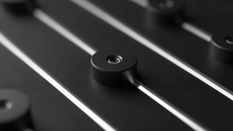 Macro close-up of dark metallic hardware nodes, subtle white digital luminescence, high-contrast low-key lighting, minimalist abstract geometry