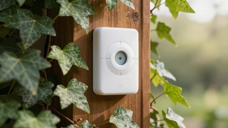 Sleek smart irrigation controller mounted on a wooden wall, surrounded by lush green ivy leaves, soft morning daylight, 35mm
