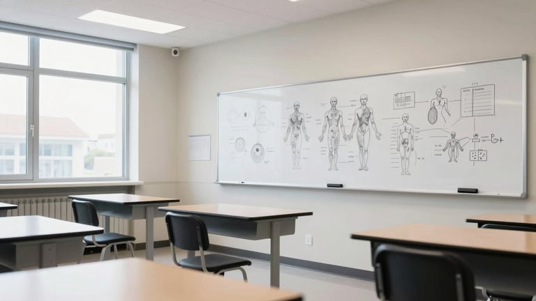 Wide shot of a modern clean biology classroom, large whiteboards covered in neat anatomical drawings, bright natural window lighting, empty desks ready for study