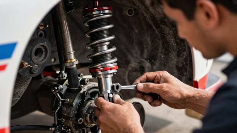 Close-up of a mechanic's hands adjusting a rally car suspension, metallic tools, intense focused lighting, dramatic grit, 35mm lens