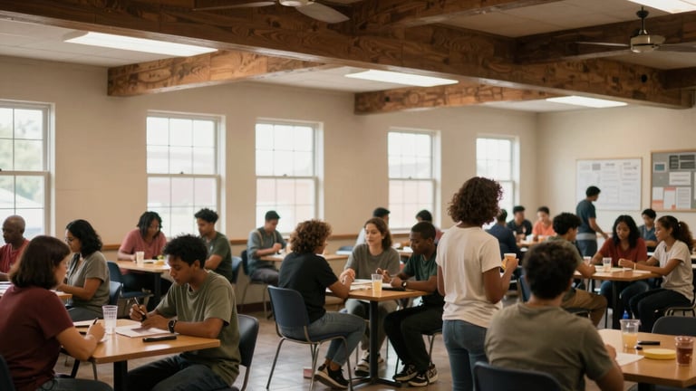 Wide shot of a vibrant community center interior with diverse people interacting, soft window light, authentic documentary style, rich organic tones, 35mm lens