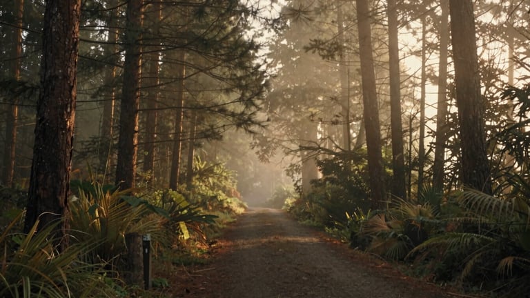 A quiet path winding through misty Oregon woods at golden hour, soft diffused light filtering through tall pine trees, shallow depth of field, warm nostalgic tones, 35mm film grain