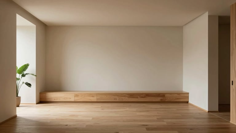 Wide shot of a minimalist, light-filled architectural interior with soft shadows, natural oak wood, and a single green plant in the foreground, evoking calm and mental breathing room. Soft, indirect daylight.