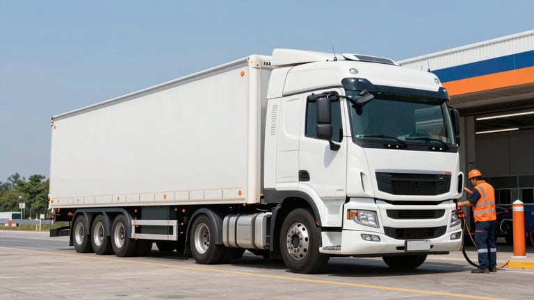 Wide-angle shot of a modern, clean semi-truck tractor unit parked at a service bay, mechanic performing maintenance, bright daylight, safety orange accents visible.