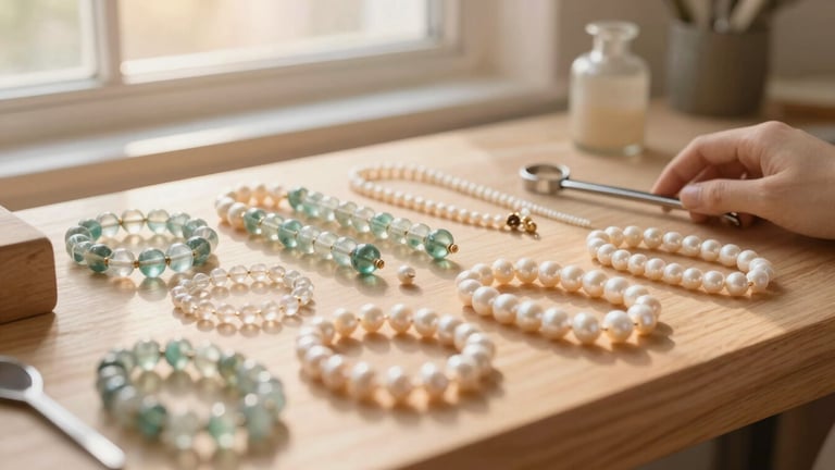 Warm editorial photography of a wooden jeweler's bench covered in glass beads, natural pearls, and delicate tools under soft golden-hour window light