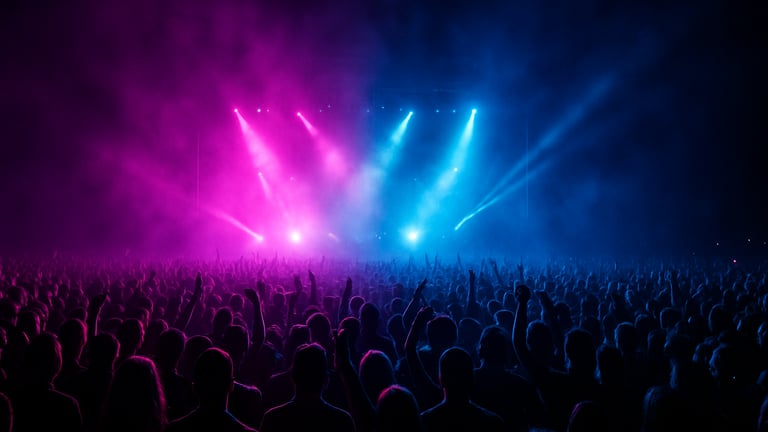 Wide panoramic shot of a massive, energetic crowd at a music festival, illuminated by vibrant magenta and electric blue stage lights, haze in the air, low horizon.