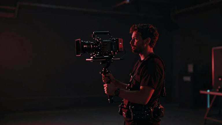 Wide cinematic shot of a camera operator holding a stabilizer on set. Dark moody studio environment, sharp crimson rim lighting, high contrast, dramatic low-key atmosphere.