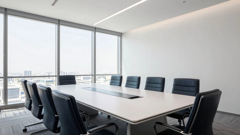 Wide panoramic shot of a sleek, modern corporate boardroom in Dubai, daylight streaming through floor-to-ceiling windows, minimalist design, 35mm