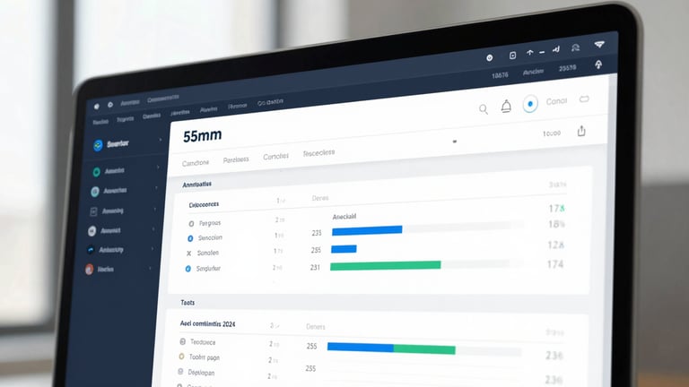 A close-up of a digital analytics dashboard on a modern desktop screen, high contrast cool office tones, sharp focus, 35mm