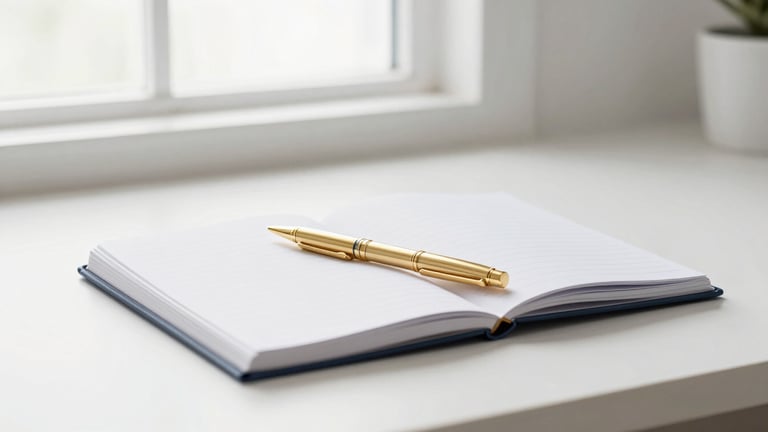 Bright minimalist workspace with a gold pen resting on a clean notebook, soft natural light, editorial 35mm photography