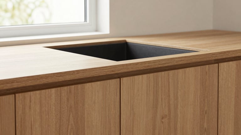 Tight detail crop of warm oak custom cabinet joinery, bright natural daylight, clean lines, high-contrast architectural photography, 35mm lens
