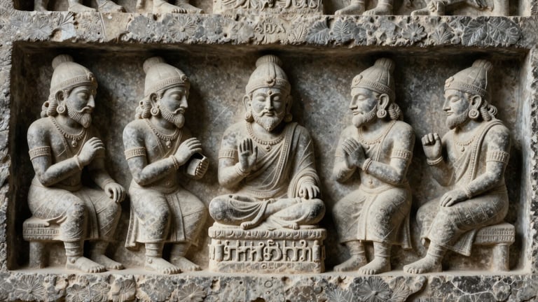 Archival photo of stone carvings depicting ancient Indian scholars, low-contrast historical lighting, 35mm