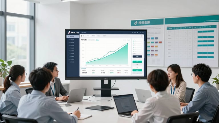 Bright natural daylight, modern professional workspace of Yelei E-commerce in Dongguan, showing collaborative team meetings, large screens displaying real-time TikTok ad dashboards with rising green ROI charts, clean logistics planning boards, professional blue and teal tones, sharp focus, 35mm lens