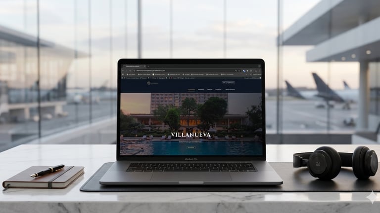 sitio web de un hotel de lujo junto a unos audífonos y una libreta en una sala de espera