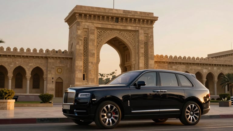 A premium black luxury SUV parked near a historic Cairo palace entrance during golden hour, soft ambient warm lighting, cinematic wide-angle