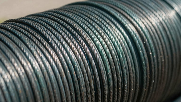 Close-up of heavy-gauge steel wire tensioned on a fence post, metallic textures, harsh direct sunlight, sharp focus, deep green and charcoal tones.