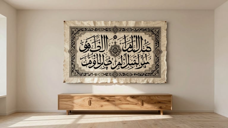 A wide, sunlit minimalist residential living room with a large-scale Persian calligraphy artwork on handmade paper hanging above a low oak credenza, soft shadows, warm ivory tones