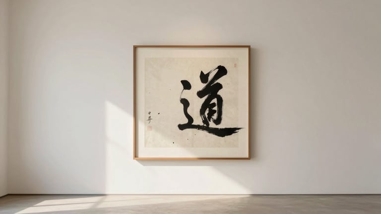 Wide quiet environmental composition of a single calligraphic artwork framed on an empty sunlit gallery wall, soft natural side-light highlighting paper texture, warm ivory tones, 35mm fine art photography