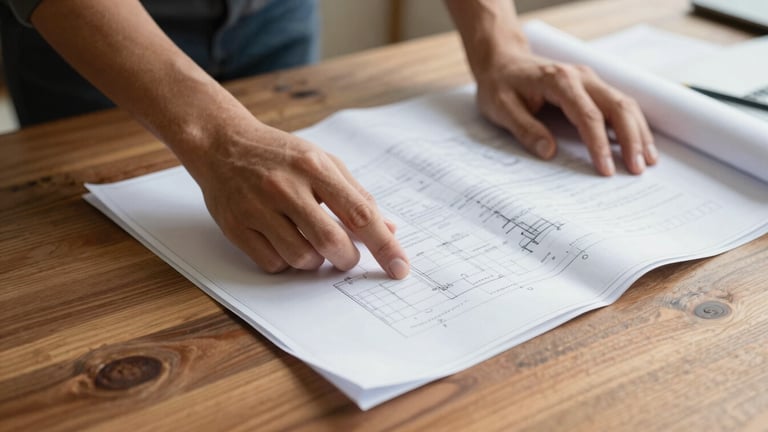 Close-up of hands planning on a wooden table with blueprints and notes visible, warm diffused daylight, authentic documentary style.