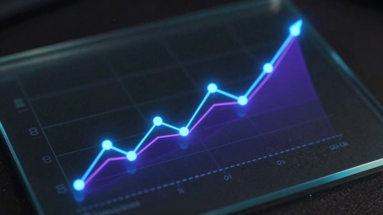 Abstract 3D data visualization graph with glowing electric blue nodes and neon purple lines charting exponential growth on a dark glass surface.