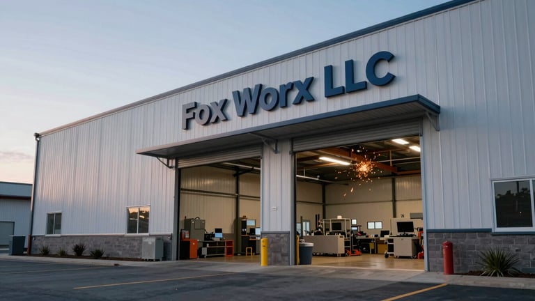 Wide shot of Fox Worx LLC workshop exterior, modern industrial building, clean lines, clear signage, cool morning light, Boise, Idaho