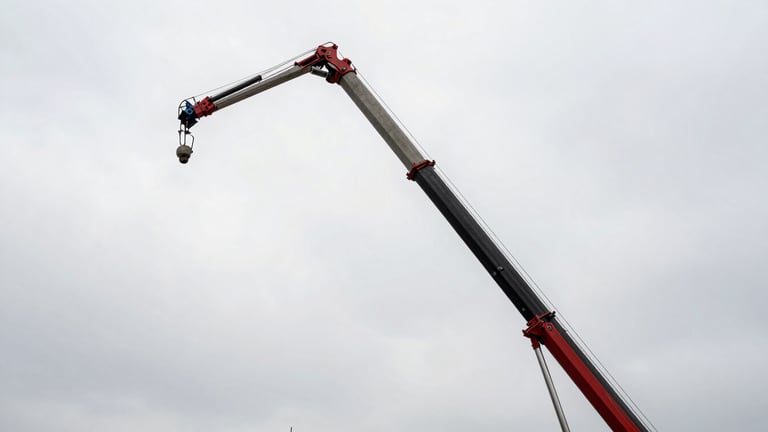 Low-angle heroic shot of a massive concrete pumping boom extending over an industrial construction site, high-contrast overcast sky.