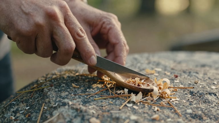 Extreme close-up of hands carving a wooden spoon with a traditional knife, pine needles and wood shavings scattered on a granite rock, soft overcast daylight.