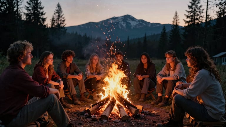 Unposed group of people gathered around a real campfire at twilight, sparks rising into the dark Idaho sky, warm firelight illuminating relaxed faces.