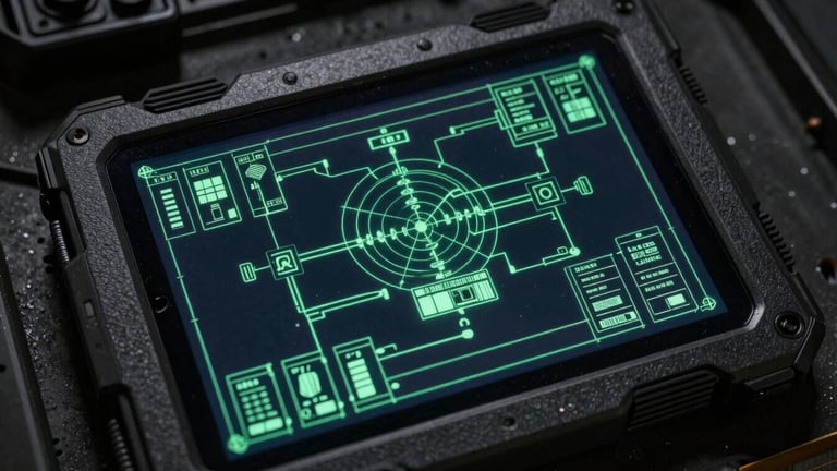Overhead technical layout of a server architecture schematic displayed on a rugged field tablet, sharp radar green wireframes against deep charcoal, moody industrial lighting, high-contrast screen glow, 35mm film look.