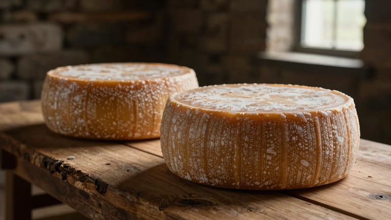 A high-contrast vertical shot of aged cheese wheels resting on thick, rough wooden planks in a dark stone cellar, soft golden light catching the textured rinds, shallow depth of field, 35mm