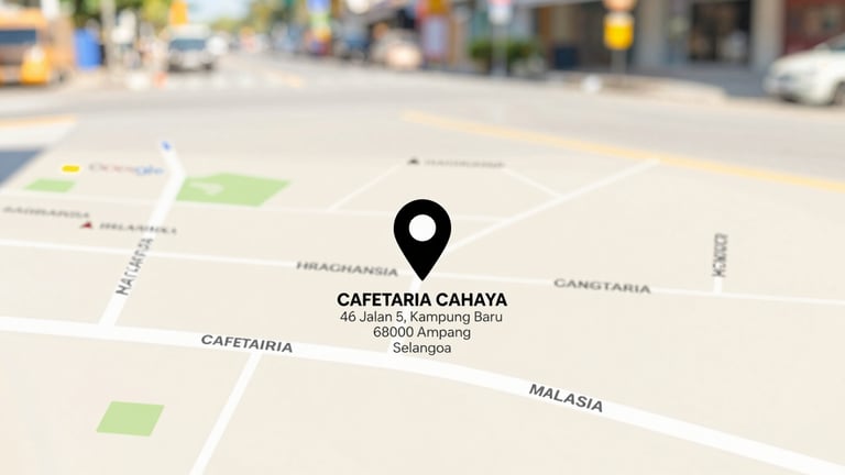Wide shot of a Google Maps interface showing the location of CAFETARIA CAHAYA at 46 Jalan 5, Kampung Baru, 68000 Ampang, Selangor, Malaysia, with clear road names and surrounding landmarks, bright natural morning daylight, warm tones, shallow depth of field.