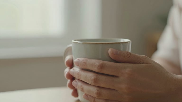 Close-up of hands resting on a warm ceramic mug, soft diffused morning light, muted earth tones, shallow depth of field, peaceful atmosphere