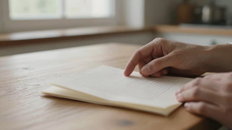 Close-up of hands gently holding an open letter on a wooden kitchen table, soft morning window light, shallow depth of field, rich tactile paper textures, muted nostalgic tones.
