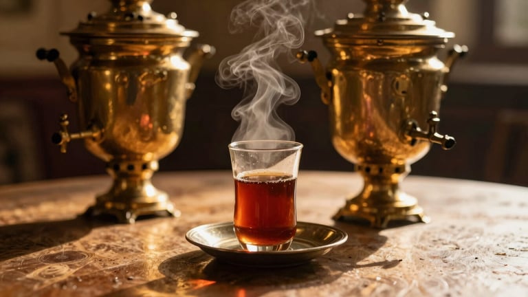 Warm atmospheric shot of traditional Afghan tea service, steam rising from a glass cup, brass samovar in the soft-focus background, golden-hour side lighting, 35mm
