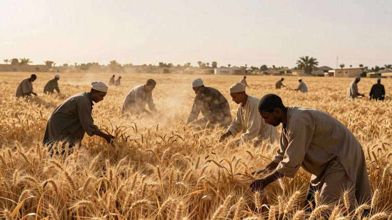 Wide environmental shot of a collaborative wheat harvest in a cooperative farm in North Africa, warm golden hour sunlight, dust particles in the air, authentic documentary style