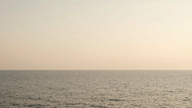 Wide panoramic shot of the ocean horizon at golden hour, soft, diffused sunlight, muted beige and alabaster tones, unpeopled, 35mm film style.