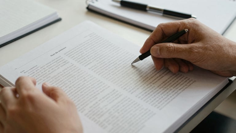 Close-up of hands turning pages of a printed research report, text in a non-English language visible, with a pen and notebook nearby, soft natural light, candid human interaction.