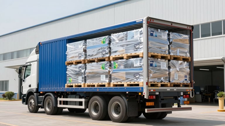 Wide environmental shot of a modern transport truck loaded with neatly bound stretch film pallets leaving a bright industrial recycling facility, daylight, 35mm