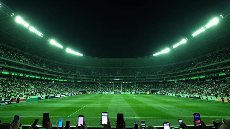 Wide panoramic shot of a crowded football stadium at night under brilliant neon green floodlights, dramatic deep shadows, low horizon, expansive dark sky.