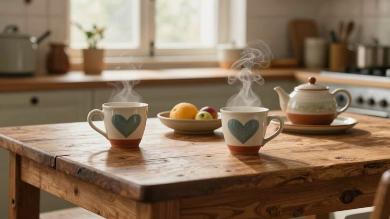 Wide landscape shot of a rustic wooden table set with two colorful, heavy-bottomed Clay Heart mugs, a small ceramic bowl of fruit, and a steaming teapot, bathed in soft morning window light, cozy lived-in kitchen background.