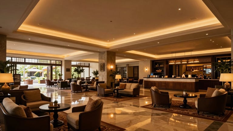 Interior of a luxury hotel lobby with warm ambient lighting, elegant furniture, and high ceilings, reflecting Indonesian hospitality