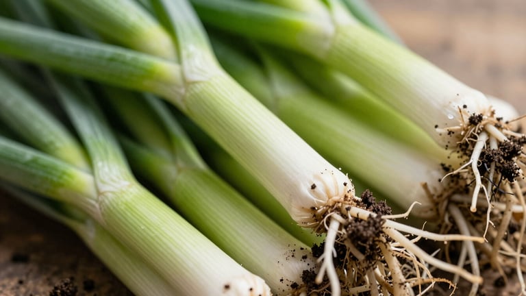 Macro close-up of fresh green leeks with tiny specks of rich dark soil clinging to roots, bright morning daylight, shallow depth of field