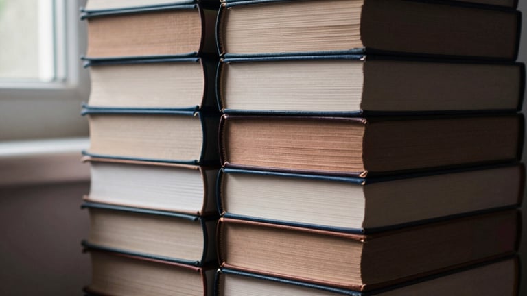 Close-up of a stack of academic research books on trauma and psychology, with subtle light and shadow falling across their spines, in a quiet study room, editorial fine art photography, soft natural window light, deep shadows, muted petroleum and copper tones, shallow depth of field, 35mm