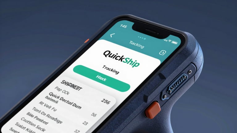 Close-up of a ruggedized handheld barcode scanner displaying a QuickShip tracking interface, with a shipping label in the foreground, high-contrast cool studio light, sharp focus, 35mm lens
