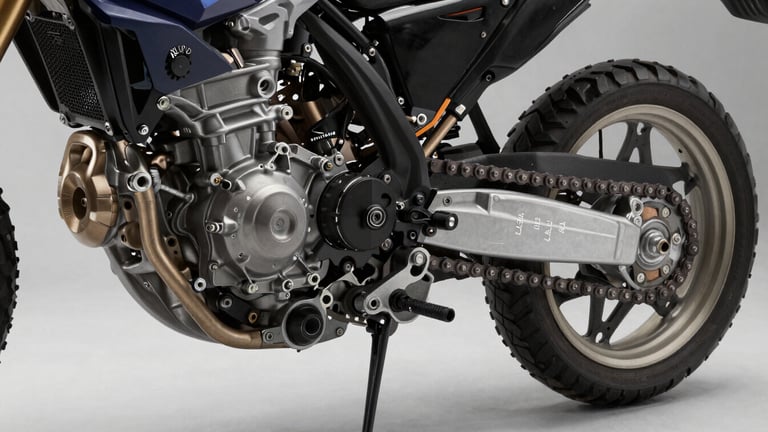 Close-up 45-degree shot of a motorcycle engine casing and chain drive assembly on a clean studio surface, oil filler cap and sprocket teeth in sharp focus, neutral studio key light from the left revealing metal texture and part markings