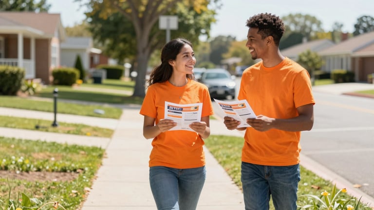 Wide environmental shot of two smiling community volunteers in orange shirts standing on a sunny suburban sidewalk, bright natural daylight, holding campaign literature, warm and optimistic