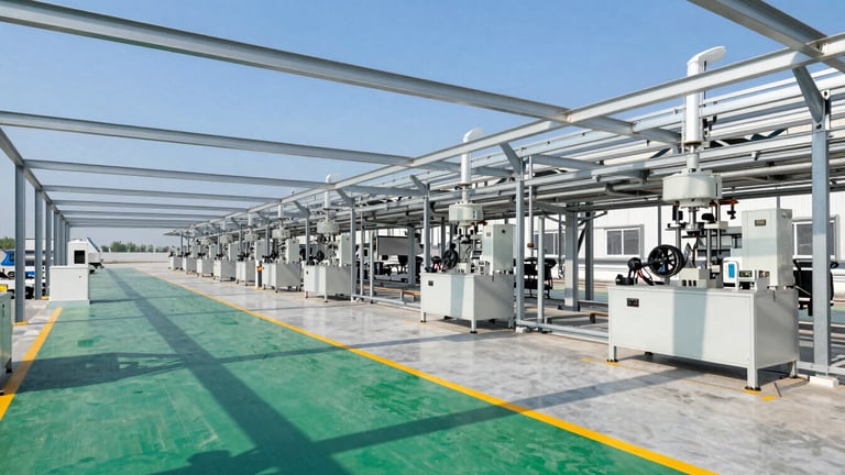 Wide environmental shot of a clean, modern manufacturing plant floor with green safety walkways and structured overhead lighting, sharp focus