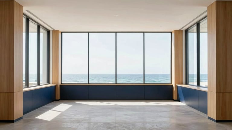 Wide, quiet coastal office interior in Sarasota, bright natural daylight filtered through high windows, minimalist design with warm wood and navy accents
