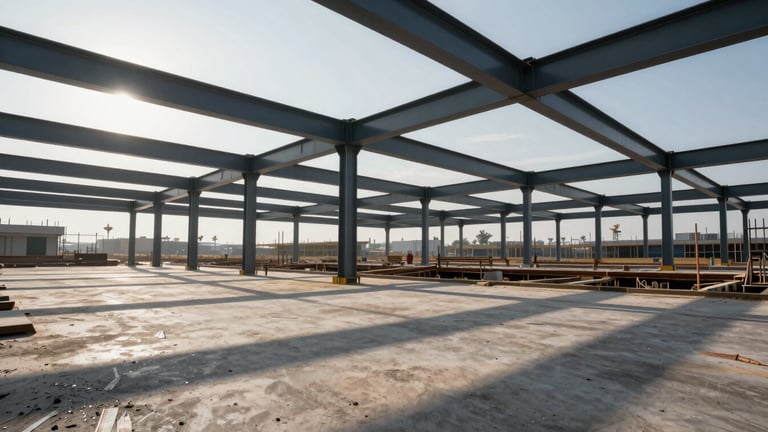 Wide panoramic architectural framing of a commercial construction site at crisp morning light, structural steel beams exposed, high-contrast shadows, highly organized.